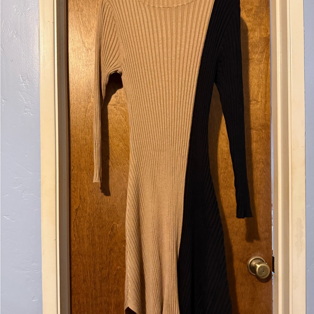 Lane Bryant Asymmetrical Ribbed Knit Dress in Tan and Black
